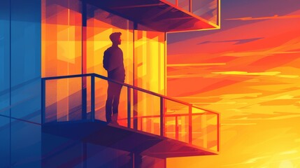 Contemplative Man at Sunset in Modern Architectural Setting