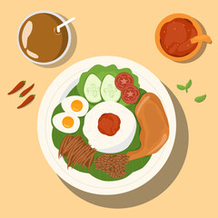 breakfast vector illustration of Malaysian or Asian food Nasi Lemak is a rice dish infused with coconut milk. Served with sambal, fried anchovies, fried peanut, boiled eggs, and fresh cucum