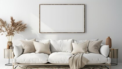 White Blank Poster on Cozy Sofa with Neutral Pillows in Bright Room, Light and Soft Decor, Background with Copy Space, Mockup