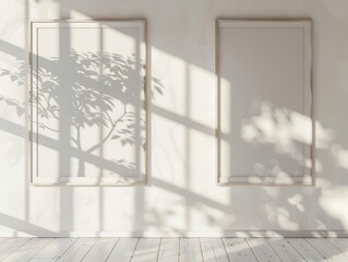 minimalist gallery wall two empty frames cast intricate tree shadow moonlight streams through unseen window