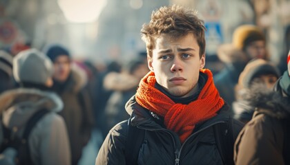 Fototapeta premium Young Man with Thoughtful Expression Standing Outside in Crowded Place, Bundled Up, Student Protests, Bright Day