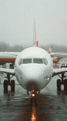 Front view of airplane in foggy weather at airport