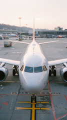 Front view of airplane parked at airport terminal