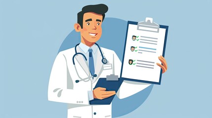 A man in a white lab coat holding a clipboard with a smile on his face