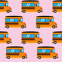 Seamless pattern on a pink background. Yellow school buses in flat style. Bright design. For printing on fabric, wrapping paper, napkins, wallpaper