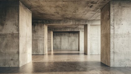 Fototapeta premium Minimalist Architectural Space in Beige Tones, Stark Concrete Room, Bare with Raw Walls, Floor, and Ceiling, Modern Design
