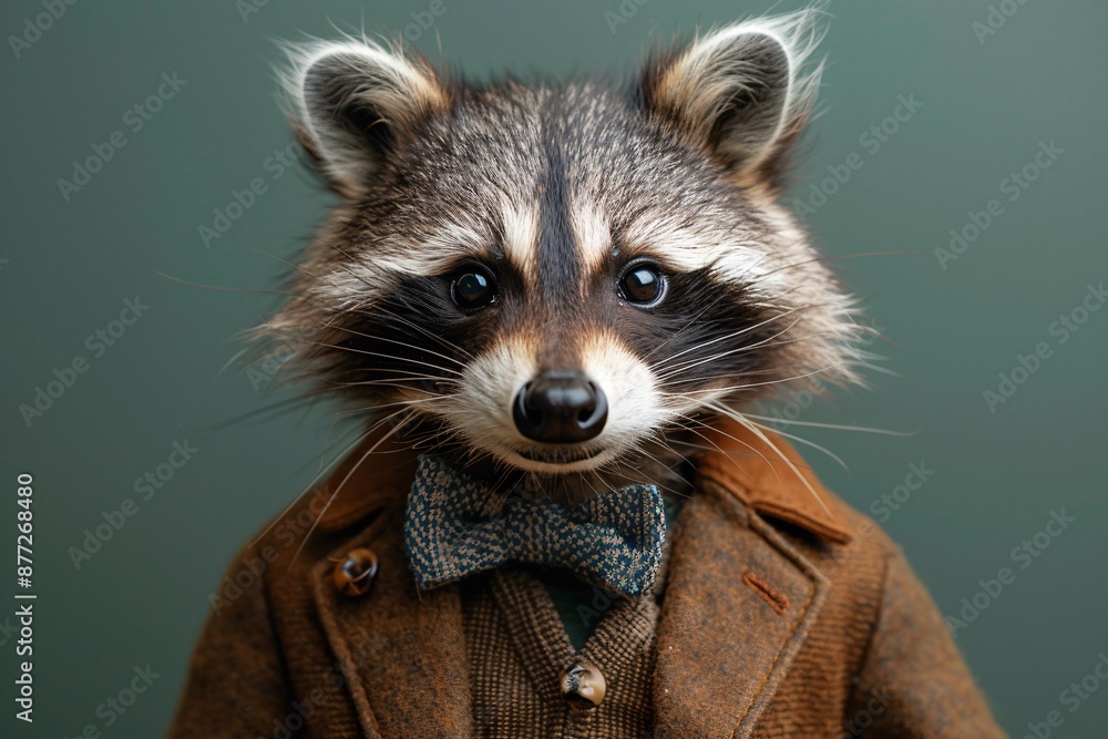 Wall mural Raccoon wearing brown coat and bow tie