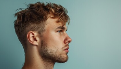 Fototapeta premium Young Man Profile View, Detailed Portrait, Attractive Male, Modern Style, Bright Background, Banner with Copy Space