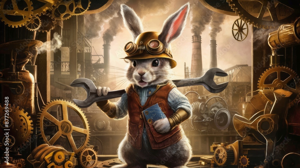 Poster a rabbit in a steampunk outfit holding an oversized wrench, ai