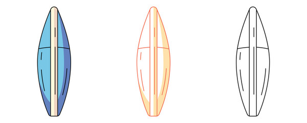 Surfboard, colorful and line icons set. Summer beach concept, vector outline icon, monochrome and color illustration. Active summertime. For sticker, coloring book, logo, label