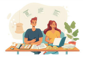 Financial management for couples, planning budget and expenses, flat vector illustration