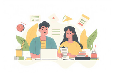 Financial planning and budgeting, couples managing personal finances, flat vector illustration