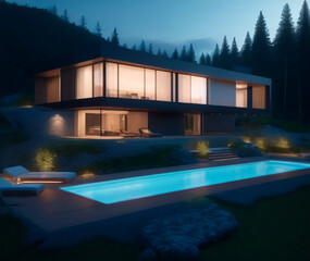 Fototapeta premium modern house with pool at night