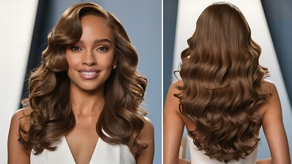 Fototapeta premium Beautiful woman in profile with long and shiny wavy hair . Beauty model girl with curly hairstyle
