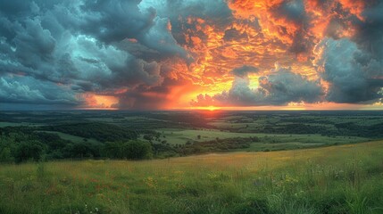 Naklejka premium Majestic Sunset Sky with Dark Clouds Over Picturesque Countryside
