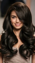 Fototapeta premium Beauty brunette girl with long and shiny wavy black hair . Beautiful woman model with curly hairstyle