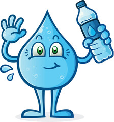 A droplet of pure, clean, distilled spring water for drinking holding a disposable plastic water bottle and waving happily with arms outstretched, vector clip art illustration