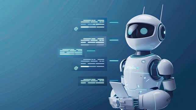 A robot is holding a tablet and has a message on it