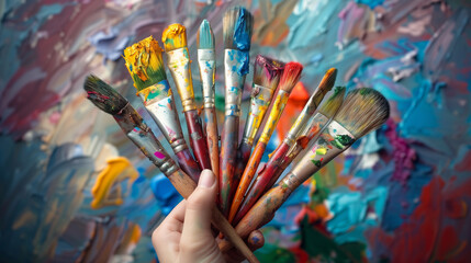 Fototapeta premium Hand holding colorful paint brushes