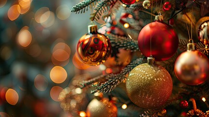 A tree is decorated with many gold and red ornaments