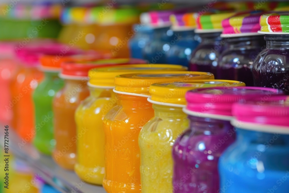 Poster shallow depth of field image of vibrantly colored jars lined up on a store shelf