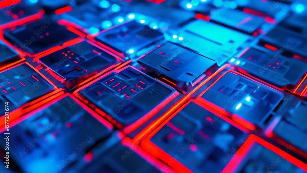 Aufkleber a close-up view of a keyboard with red and blue lights, perfect for tech-related concepts or futuris
