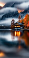 Mountainous horizon with lights reflecting serene cabin