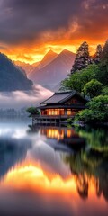 Fototapeta premium Nostalgic house by a serene lake, glowing sunset sky
