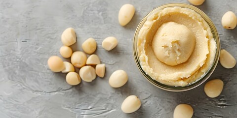Topdown view of macadamia butter spread in a jar on a table. Concept Food Photography, Macadamia Butter, Topdown Shot, Table Setting, Spread Presentation