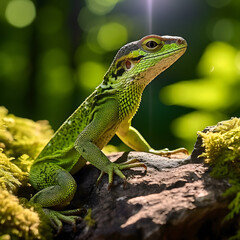 Fototapeta premium An elegant European green lizard basks