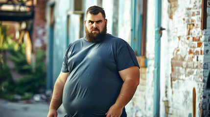 Fototapeta premium Confident fat man in black shirt Show off your casual urban fashion style. with jeans Smiling warmly under natural light
