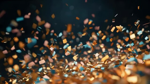 Colorful confetti scattered everywhere as people celebrate in the background
