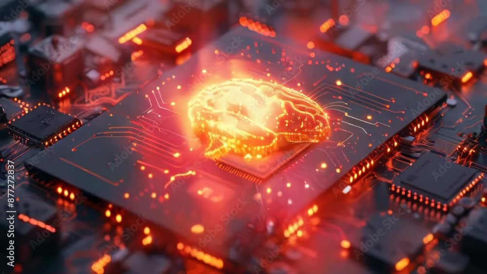 Poster a close-up of a circuit board with a small, glowing brain chip