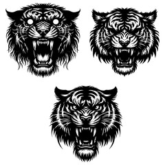 Tiger heads black and white vector. Silhouette svg shapes of tigers illustration.