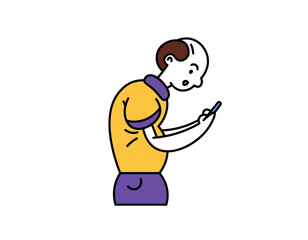 kyphosis. illustration of a man becoming bent because he plays with his cellphone too often. bent body. body posture. bad lifestyle or habits. outline style character design. graphic elements