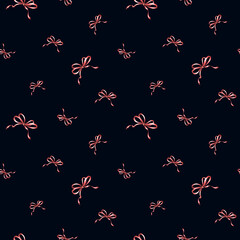 Bows and ribbons Red silk tapes. Seamless pattern, festive background. Hand drawn watercolor illustrations. Template for wallpaper, wrapping, textile, coquette core, gifts, girls decor, Valentines. .