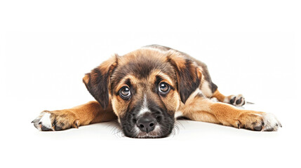 Obraz premium Puppy lying down, paws forward, eyes gently closed