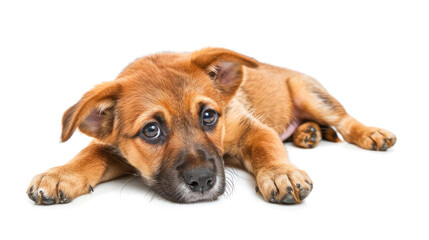 Obraz premium Cute puppy rests with head on ground looking sleepy