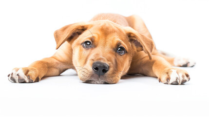 Obraz premium Puppy lying down with head resting on white surface