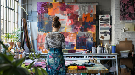 Obraz premium Rear view on female artist in studio