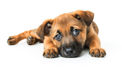 Sleepy brown puppy laying on white background resting