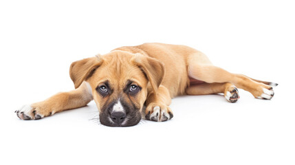 Obraz premium Puppy lying on stomach with extended paws cutesy look