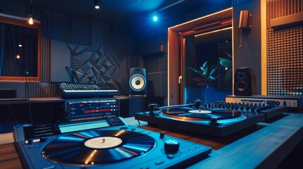 Modern music studio with vinyl players and audio equipment under blue light. The room features a mix of classic and contemporary recording gear.