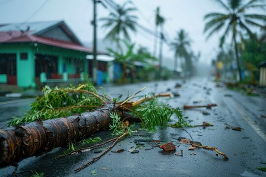 Aftermath of Powerful Cyclone Devastated Street with Fallen Trees and Debris, Witnessing the Impact of a Natural Disaster