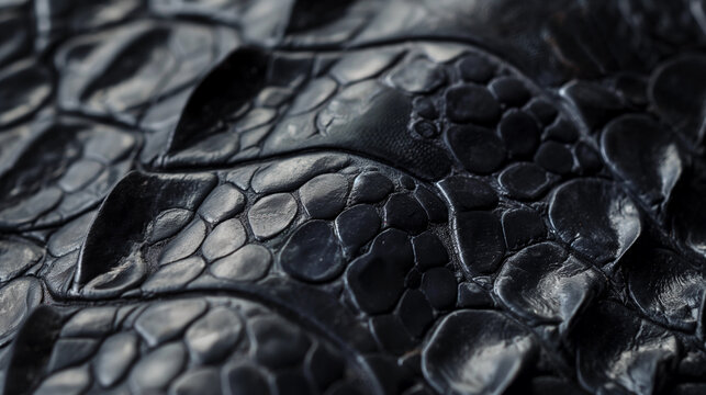 A close up of a black leather item with a snake pattern. Reptile skin texture, dragon scales.