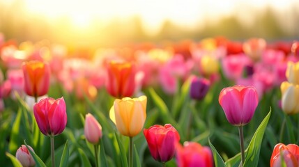 A vibrant field of blooming tulips in various colors, stretching out under a clear sky