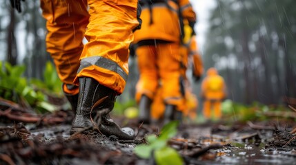 Emergency Response Team Walking Through Forest After Strong Winds Cause Damage, Storm Aftermath, Natural Disaster, Emergency Services, Rescue Workers, First Responders, Forest Damage, Windstorm