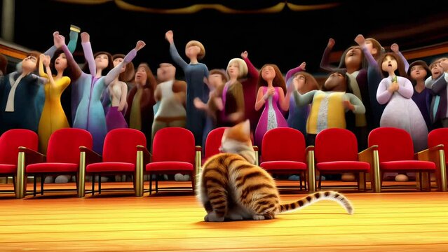 cat dreams of becoming a singer and suddenly wakes up among a cheering crowd of people. The cat makes a funny face and is happy. funny scene