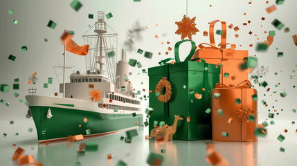 A Green Ship Surrounded by Christmas Presents and Confetti