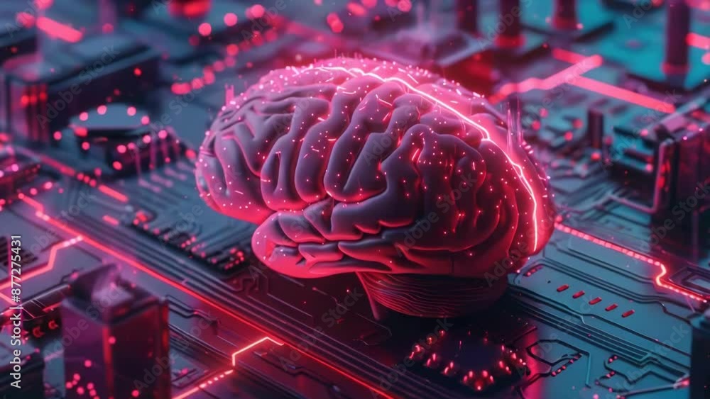 Poster a close-up view of an electronic brain on top of a circuit board, with wires and components surround